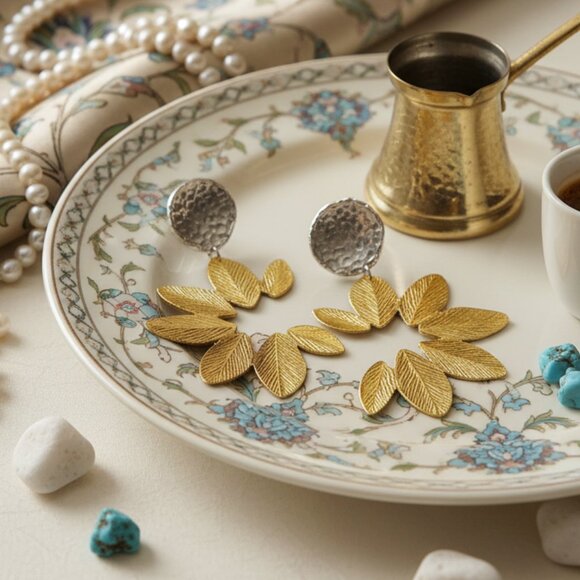 Turkish Stunning Handmade Artisan 18K Gold Plated Brass Fine Leaf Earrings - Picture 5 of 11